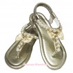 Gold Bow Pearl T-Strap Flat Ankle Sandals 601Gold